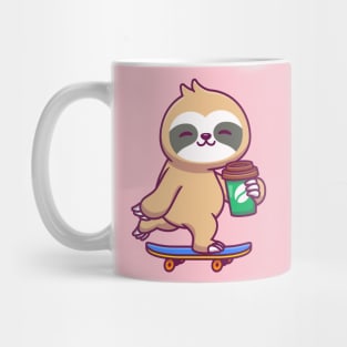 Cute Sloth Skateboarding And Holding Coffee Mug